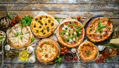 色々な種類の焼きたてピザ。上から眺めるピザ。複数のピザのレイアウト。コピースペース。Different kinds of freshly baked pizza. Top view of pizza. Layout of multiple pizzas. Copy space. photo