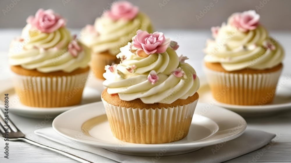 Delicate cupcakes with pink roses ready for a special occasion Delicate cupcakes with pink roses ready for a special occasion