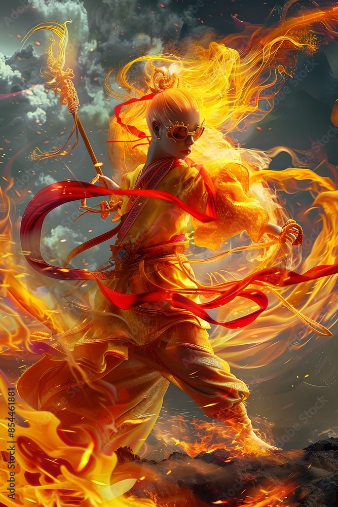 Mythical Warrior Wielding Fiery Elemental Powers in Swirling Magical Vortex Mythical Warrior Wielding Fiery Elemental Powers in Swirling Magical Vortex