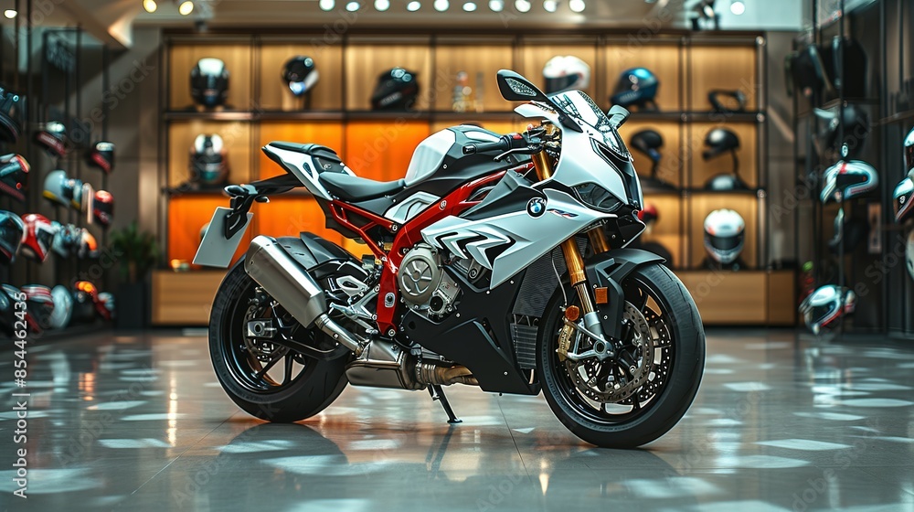 Prime Showcase: Contemporary Motorcycle and Array of Helmets Prime Showcase: Contemporary Motorcycle and Array of Helmets