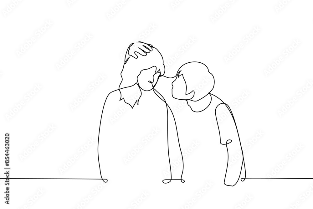man bends down, strokes woman's head and looks into her face - one line vector. concept of console, comforting, petting a head man bends down, strokes woman's head and looks into her face - one line vector. concept of console, comforting, petting a head