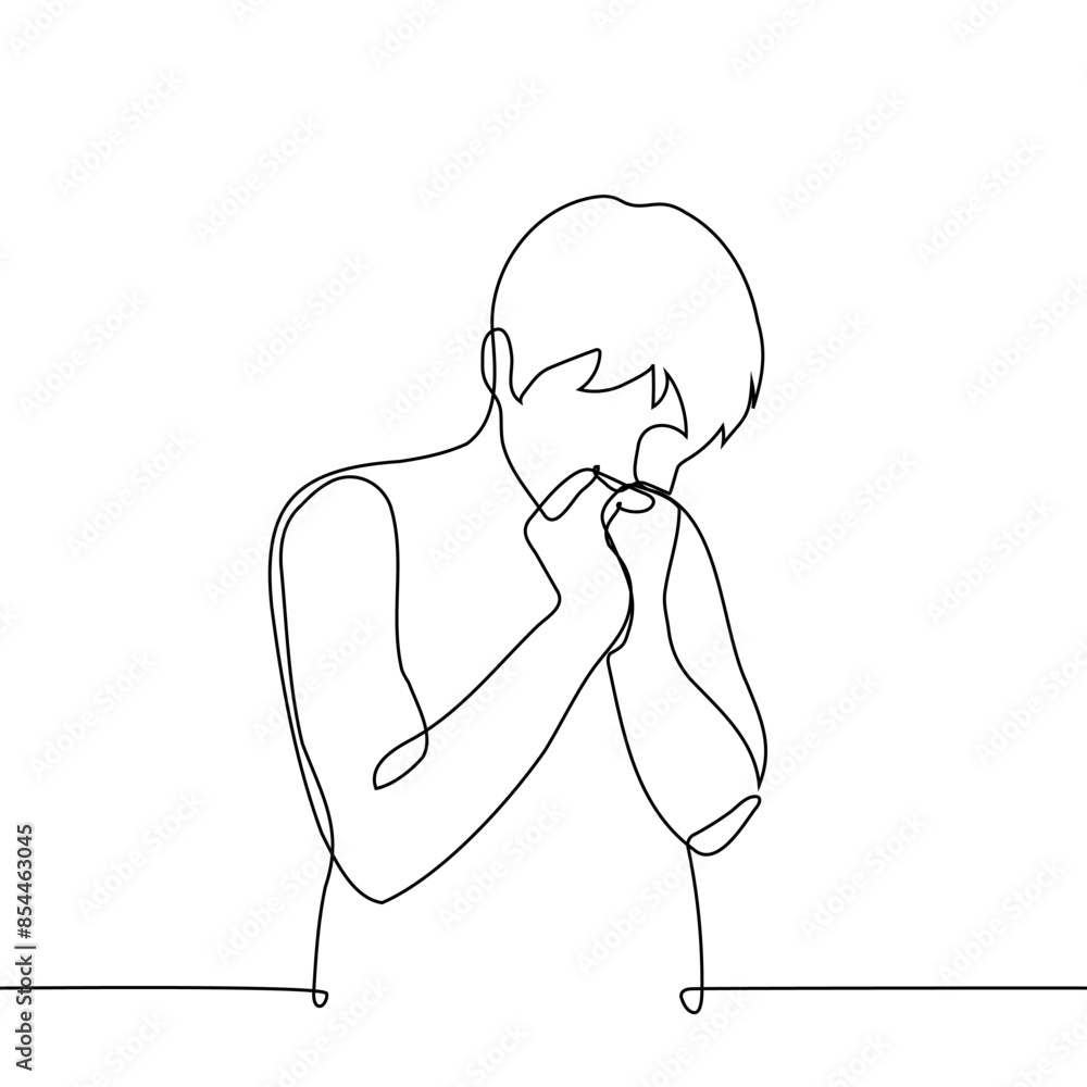 man puts his hands to his face in a praying gesture - one line vector. concept desperately wishing, praying, affirmations man puts his hands to his face in a praying gesture - one line vector. concept desperately wishing, praying, affirmations