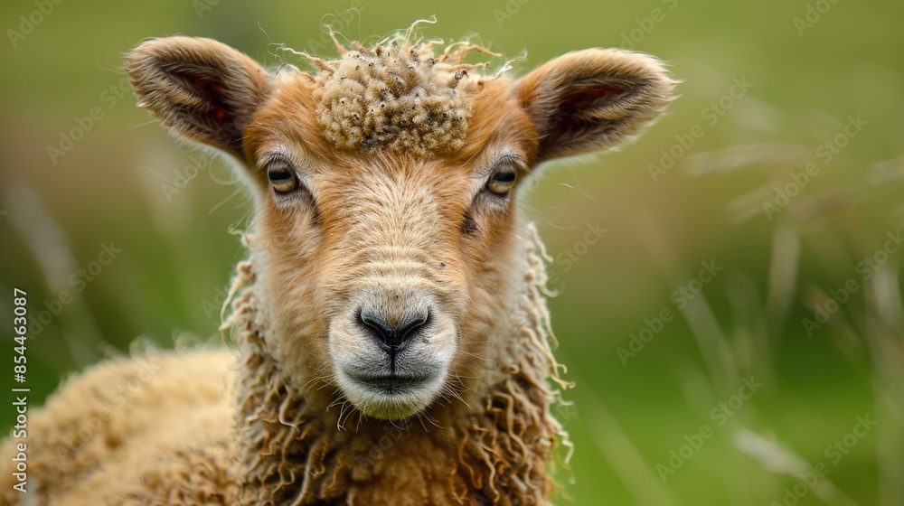 Close up of juvenile Dalesbred sheep in spring on lush moorland Nidderdale Yorkshire Horizontal with free space Close up of juvenile Dalesbred sheep in spring on lush moorland Nidderdale Yorkshire Horizontal with free space