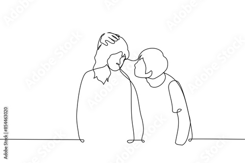 man bends down, strokes woman's head and looks into her face - one line vector. concept of console, comforting, petting a head