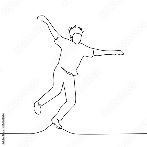 man jumps to his full height, he is joyful and happy - one line art vector. concept of delight, skipping, tripping, sprung, lope