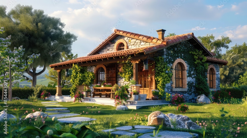 An exterior of a beautiful and cozy home with a green garden An exterior of a beautiful and cozy home with a green garden