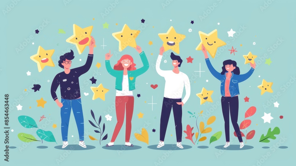 Four friends smiling while holding up five-star rating symbols, expressing joy and satisfaction, against a pastel blue background with decorative elements. Four friends smiling while holding up five-star rating symbols, expressing joy and satisfaction, against a pastel blue background with decorative elements.