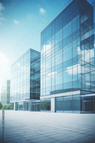 Modern Glass Office Building with Reflective Windows and a Sleek Design Under a Clear Blue Sky
