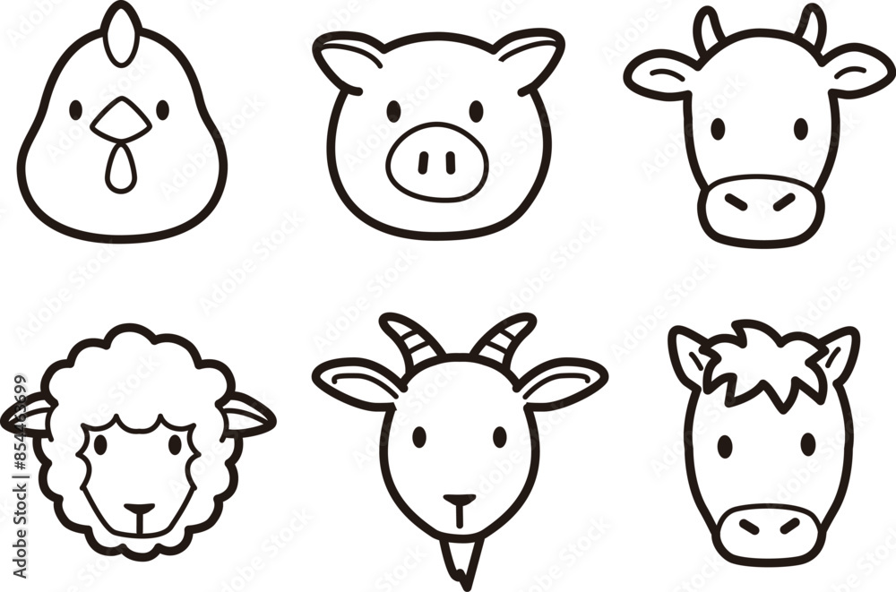 Obraz premium シンプルでかわいい家畜、食肉動物の顔アイコンイラスト