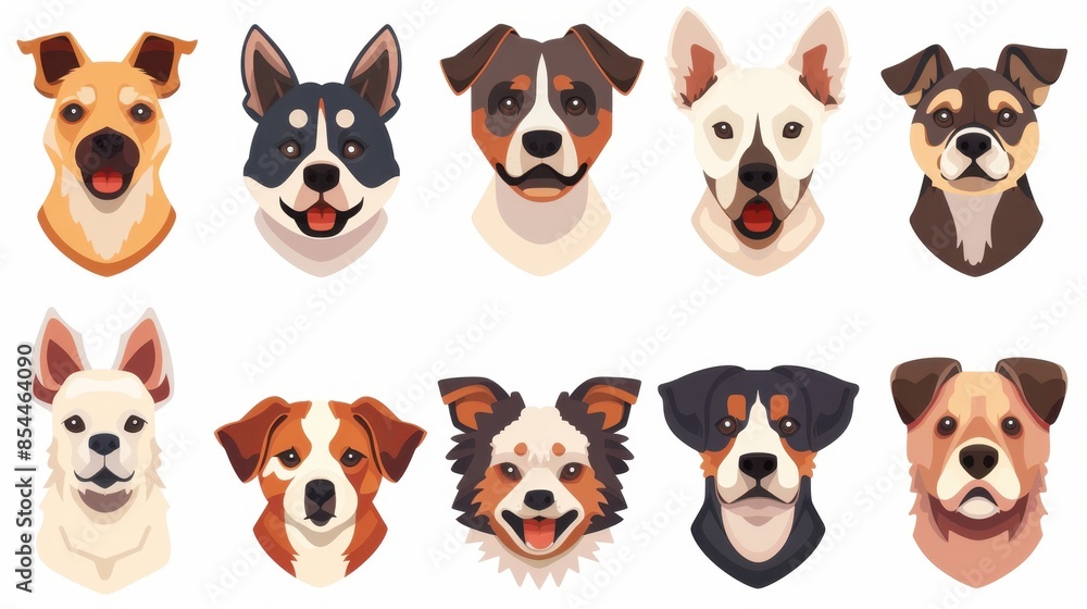 A set of illustrations featuring diverse dog breeds with varying expressions. The dogs are depicted in a cartoon style with vibrant colors. A set of illustrations featuring diverse dog breeds with varying expressions. The dogs are depicted in a cartoon style with vibrant colors.