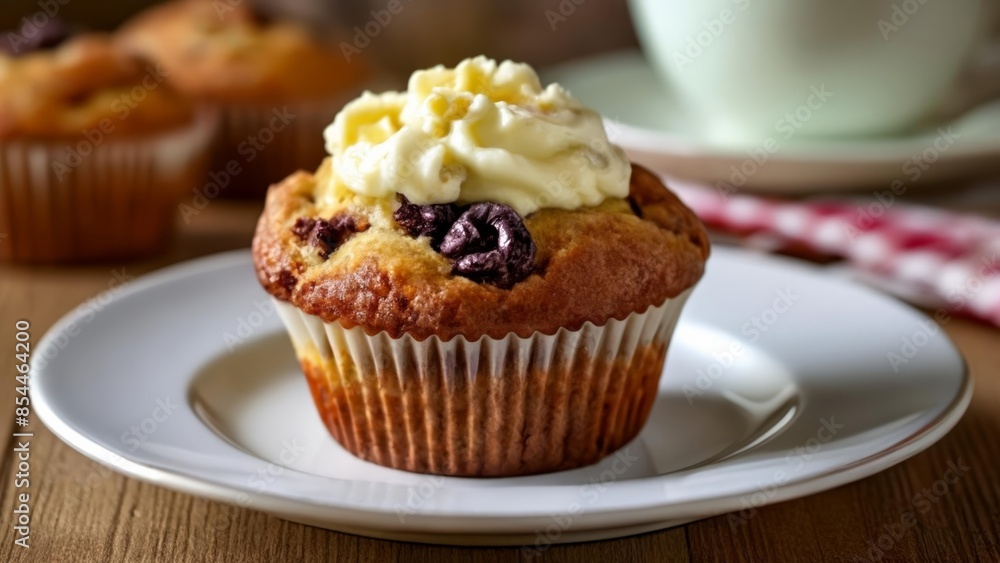 Deliciously frosted muffin ready to be enjoyed Deliciously frosted muffin ready to be enjoyed