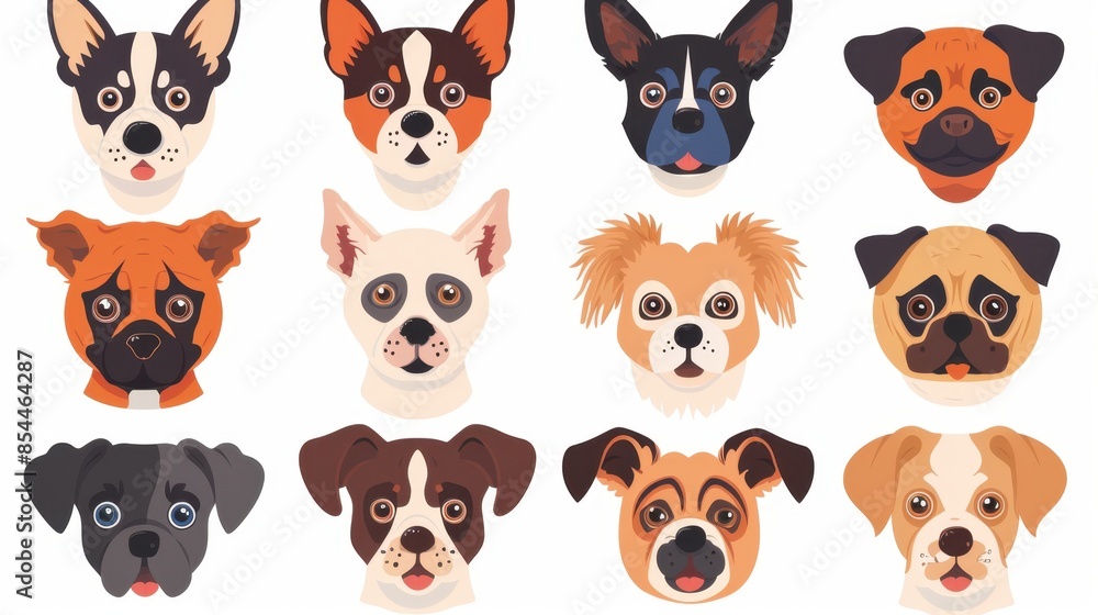 A collection of 12 different dog faces. Each dog has a unique expression and fur color. A collection of 12 different dog faces. Each dog has a unique expression and fur color.