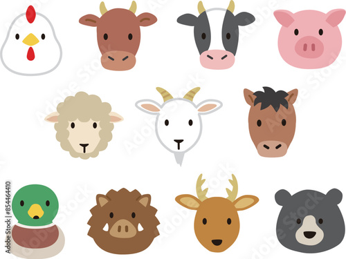 シンプルでかわいい野生、家畜、食肉動物の顔アイコンイラスト