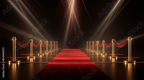 red carpet on stage , Red Event Carpet, Stair and Gold Rope Barrier Concept of Success and Triumph , Stunning view of empty theater stage with red velvet curtains between rope barriers