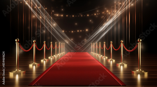 red carpet on stage , Red Event Carpet, Stair and Gold Rope Barrier Concept of Success and Triumph , Stunning view of empty theater stage with red velvet curtains between rope barriers