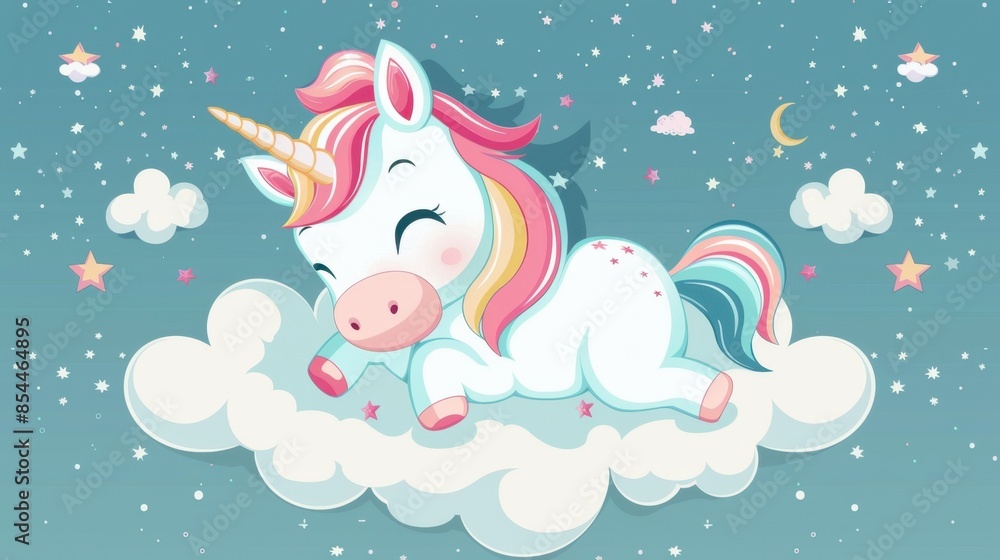A cartoon unicorn with a pink and yellow mane sleeps on a fluffy cloud against a blue starry sky. A cartoon unicorn with a pink and yellow mane sleeps on a fluffy cloud against a blue starry sky.