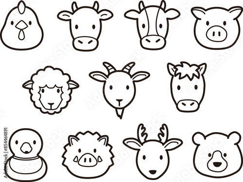 シンプルでかわいい野生、家畜、食肉動物の顔アイコンイラスト