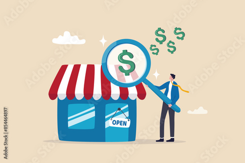 Business evaluation, analyze company worth or market value, merger and acquisition to determine corporate valuation, revenue profit or earning concept, businessman evaluate company with dollar money.