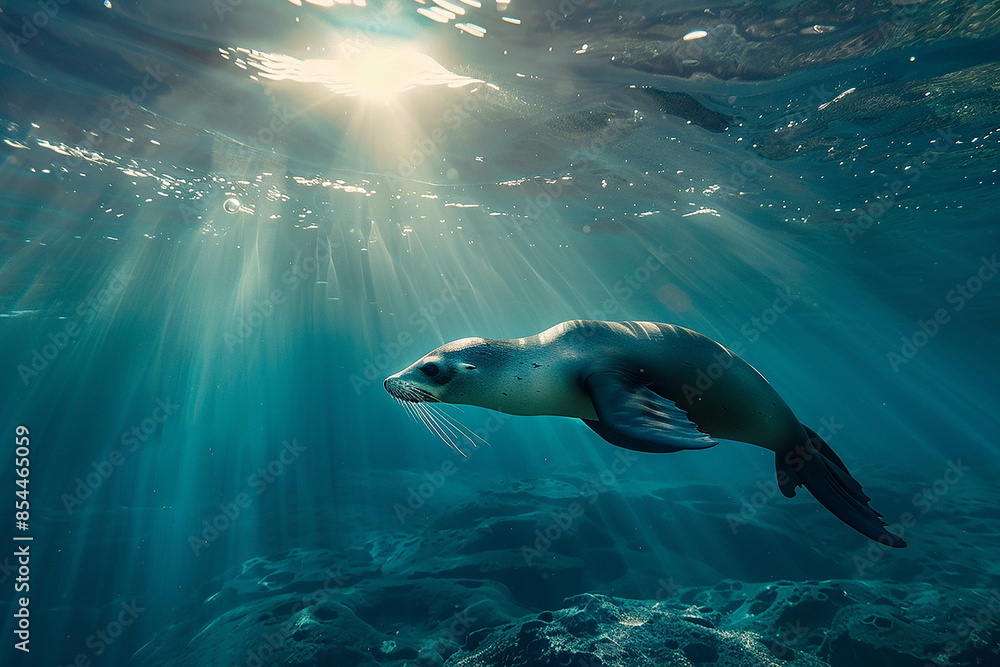 Photo of Sea lion swimming in the sea at Galapagos Island, realistic photo in the style of sunlight, underwater view. Photo of Sea lion swimming in the sea at Galapagos Island, realistic photo in the style of sunlight, underwater view.