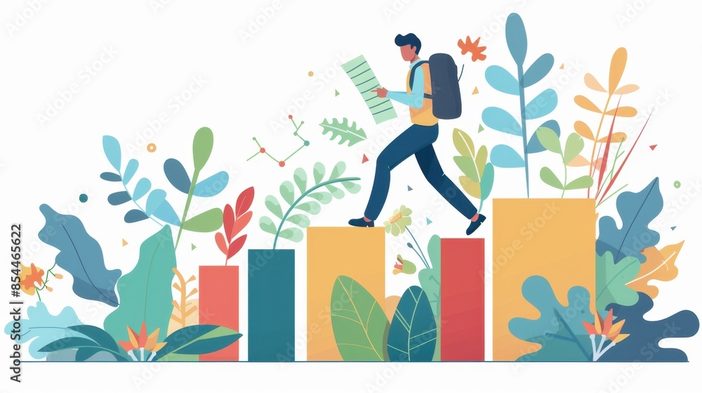 An illustration depicting a man in casual attire stepping on bars that resemble a bar graph, symbolizing progress and growth. An illustration depicting a man in casual attire stepping on bars that resemble a bar graph, symbolizing progress and growth.