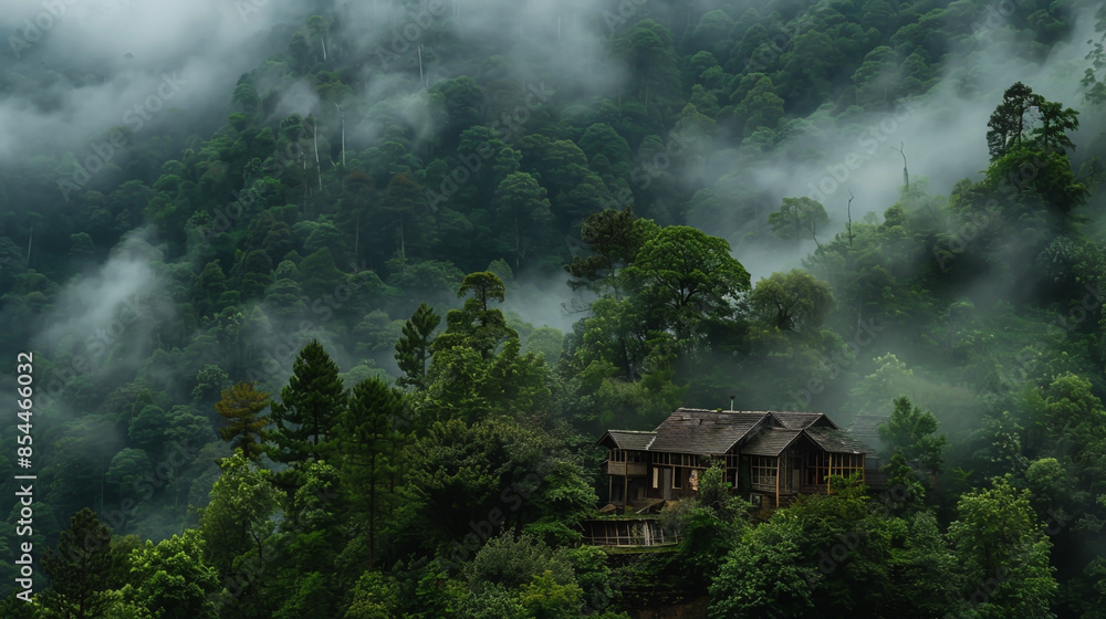 In Khorat Mountain's green forest, an old house sits hidden among dense trees and lush vegetation. In Khorat Mountain's green forest, an old house sits hidden among dense trees and lush vegetation.