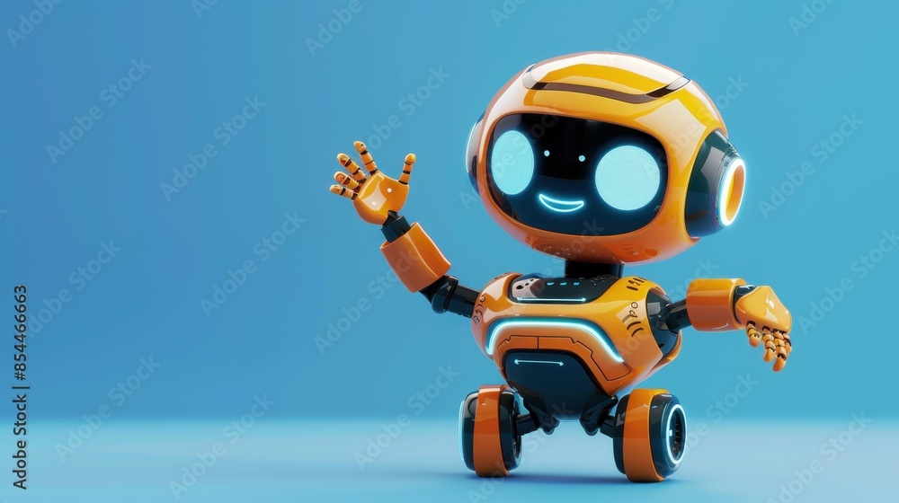 A 3D rendering of an orange robot with a friendly expression waving against a light blue background. A 3D rendering of an orange robot with a friendly expression waving against a light blue background.