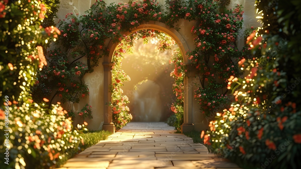 Fototapeta premium Captivating Magical Portal Adorned with Flourishing Botanical Elements,Radiant Illumination Creating a Mesmerizing Ambiance