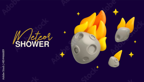 Meteor shower banner template in vector 3d style. Cartoon meteorite rain falling in the night sky with stars. Children educational illustration, asteroid in space