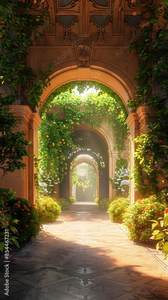 Fototapeta premium Majestic Fantasy-Inspired Archway Enveloped in Lush Foliage and Captivating Lighting Effects