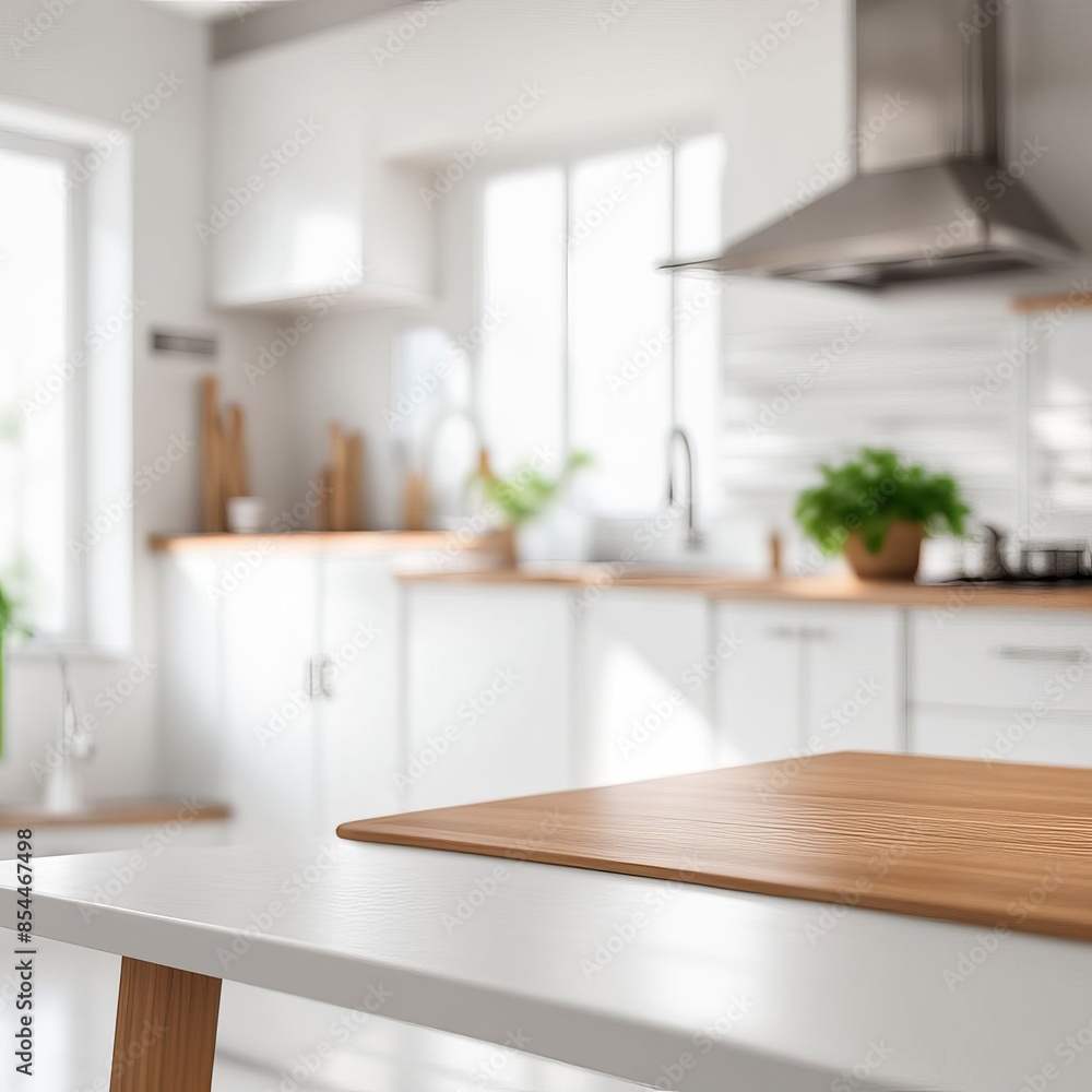 blurred , bokeh Open concept modern kitchen with dining area featuring a sleek table and chairs