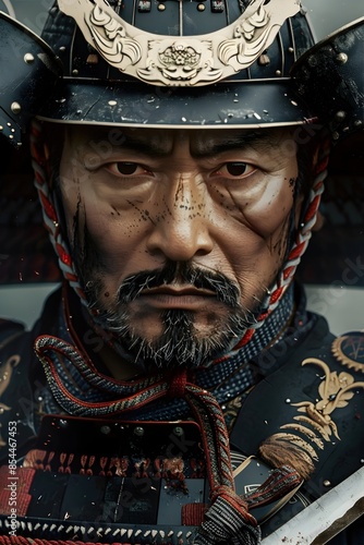 Regal Portrait of a Formidable Japanese Samurai Commander in Ceremonial Armor photo