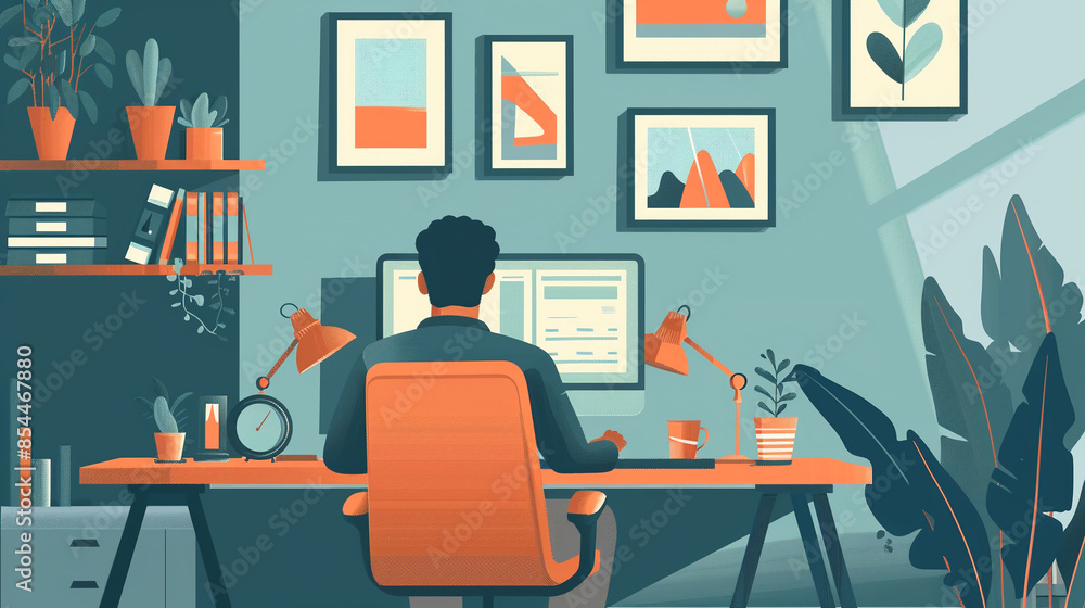 A man working on his computer in a home office. Home Office A man working on his computer in a home office. Home Office