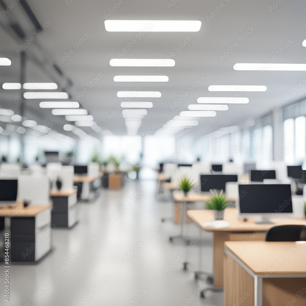 Blurred, bokeh bright and airy office room with a large window offering a city view Blurred, bokeh bright and airy office room with a large window offering a city view