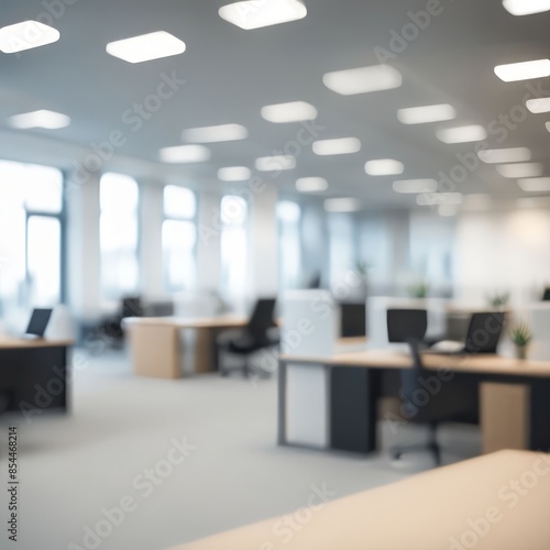Blurred, bokeh bright and airy office room with a large window offering a city view © Ayahe
