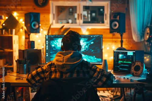 A person editing videos on a computer in a home studio. Editing Videos