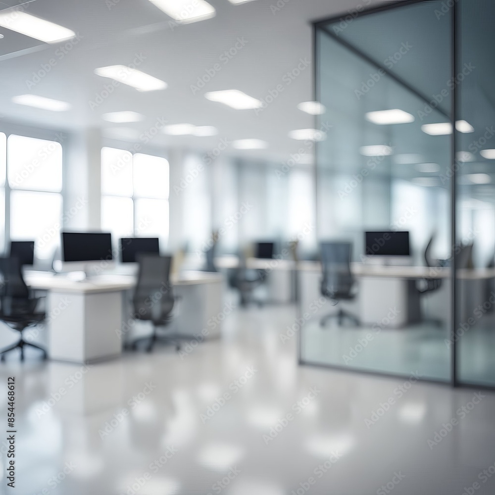 Blurred, bokeh bright and airy office room with a large window offering a city view Blurred, bokeh bright and airy office room with a large window offering a city view