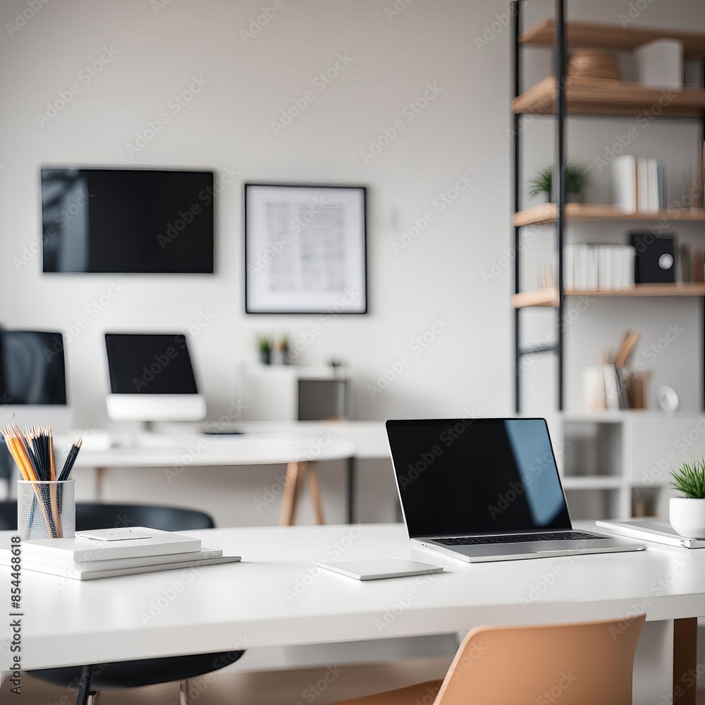 Empty modern office interior with desk, chair, and window Empty modern office interior with desk, chair, and window