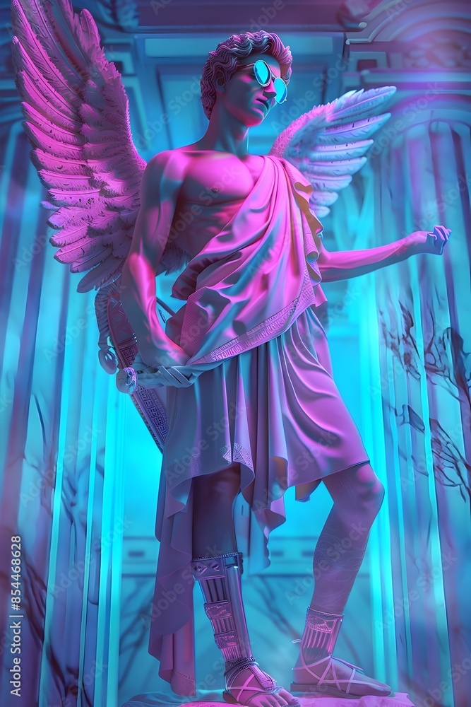 Obraz premium Angelic Statue in Futuristic Neon Lit Urban Setting