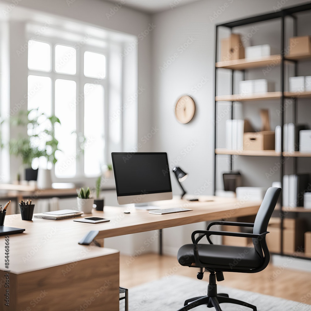 Fototapeta premium Empty modern office interior with desk, chair, and window