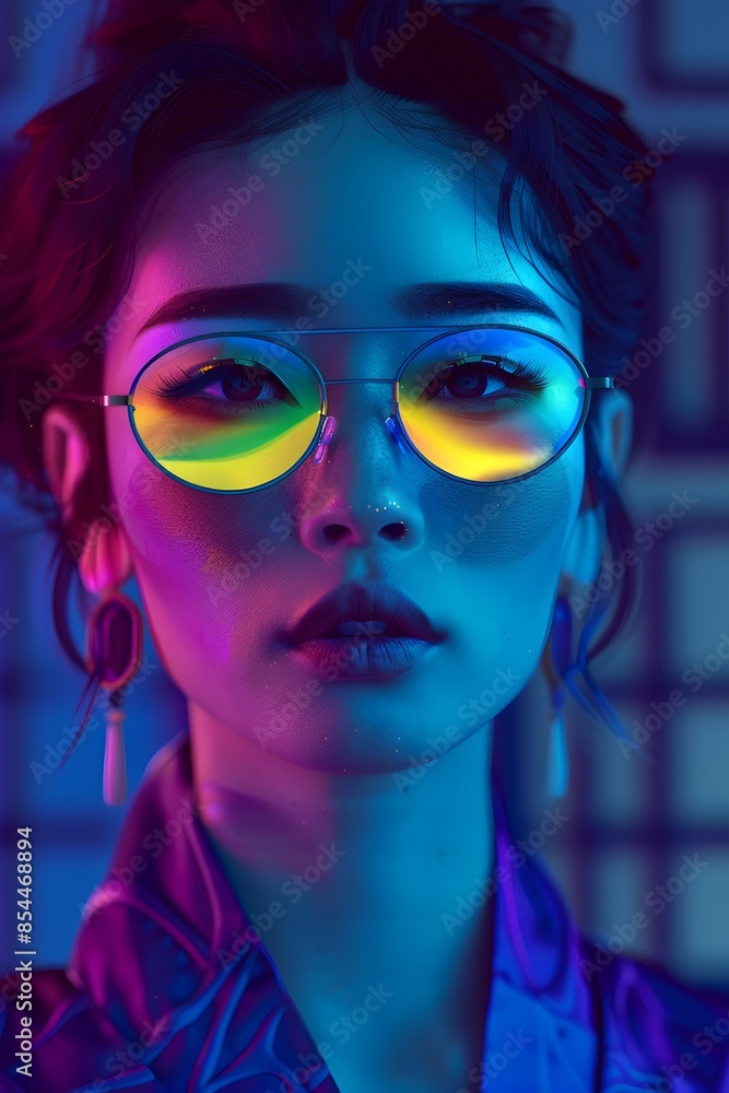 Captivating Neon Lit Portrait of a Confident and Alluring Female Model Captivating Neon Lit Portrait of a Confident and Alluring Female Model