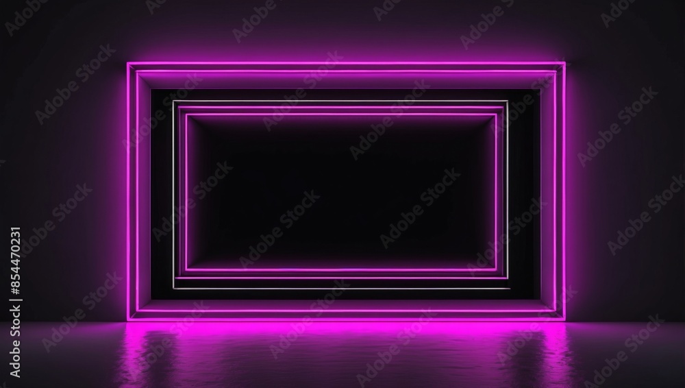 A vibrant purple neon frame illuminates a dark room. The frame is made of multiple layers of neon, creating a striking visual effect, background, wallpaper A vibrant purple neon frame illuminates a dark room. The frame is made of multiple layers of neon, creating a striking visual effect, background, wallpaper