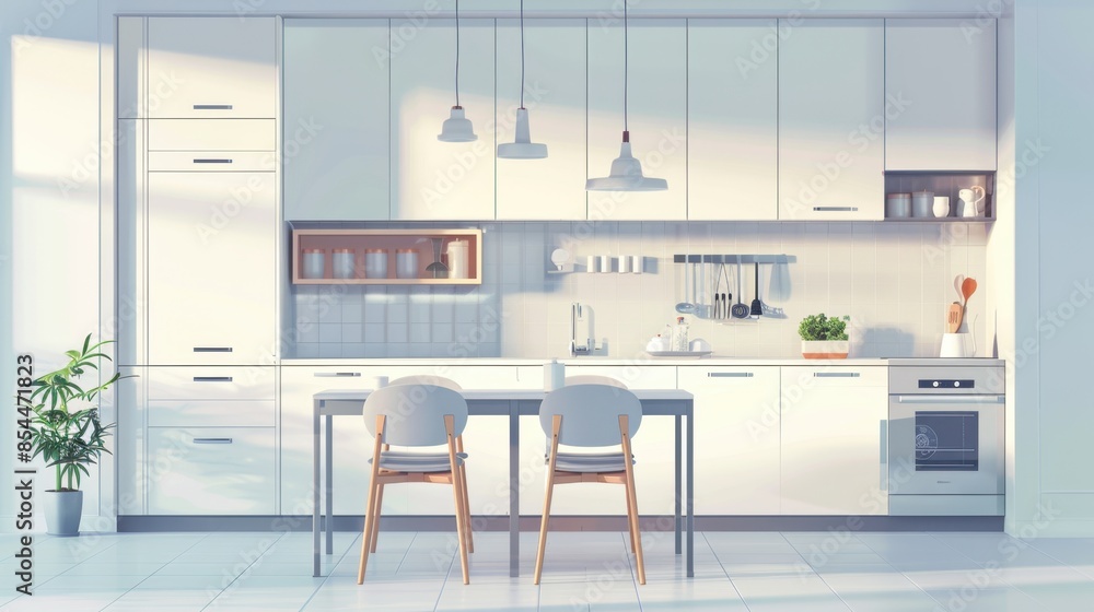 Fototapeta premium A minimalist kitchen with white cabinets, a dining table with two chairs, and stainless steel appliances.