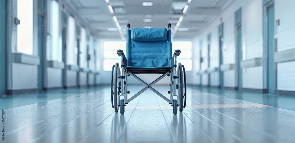 Photo of a blue wheelchair in an empty hospital hall, symbolizing the need for diverse wheelchairs and medical equipment to catch up with technological development. Photo of a blue wheelchair in an empty hospital hall, symbolizing the need for diverse wheelchairs and medical equipment to catch up with technological development.