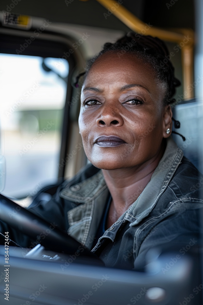Black female bus driver sitting behind the wheel, looking directly at the camera with a confident expression Black female bus driver sitting behind the wheel, looking directly at the camera with a confident expression