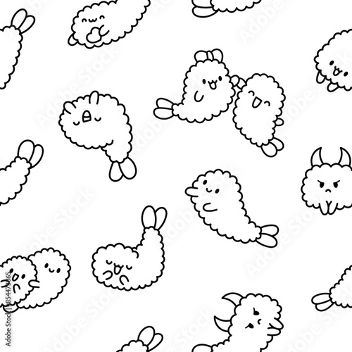 Funny tempura shrimp characters. Seamless pattern. Coloring Page. Cute cartoon japanese food. Hand drawn style. Vector drawing. Design ornaments.