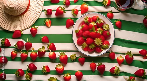 Strawberries and Cream on Green Blanket. Wimbledon Picnic
