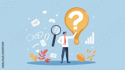 Wallpaper Mural A businessman points at a giant question mark, suggesting an inquiry or search for solutions. The illustration features a minimalist style, with a blue background and various symbolic elements. Torontodigital.ca