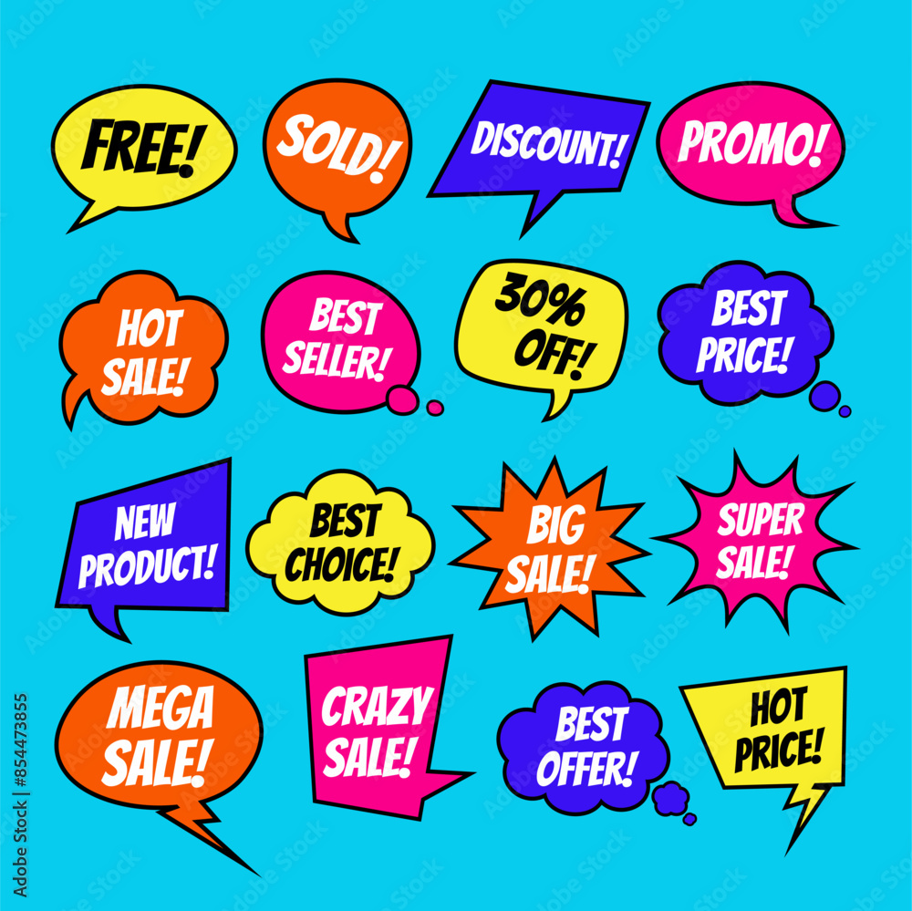 Set of Sale Vector Designs with Cartoon, Comic speech bubbles for posters, social media banners, email and newsletter designs promotional material in pop-art style Set of Sale Vector Designs with Cartoon, Comic speech bubbles for posters, social media banners, email and newsletter designs promotional material in pop-art style
