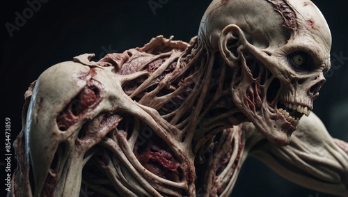 A close-up image of a zombies shoulder with exposed flesh and bones, highlighting the decaying nature of the undead, halloween mood