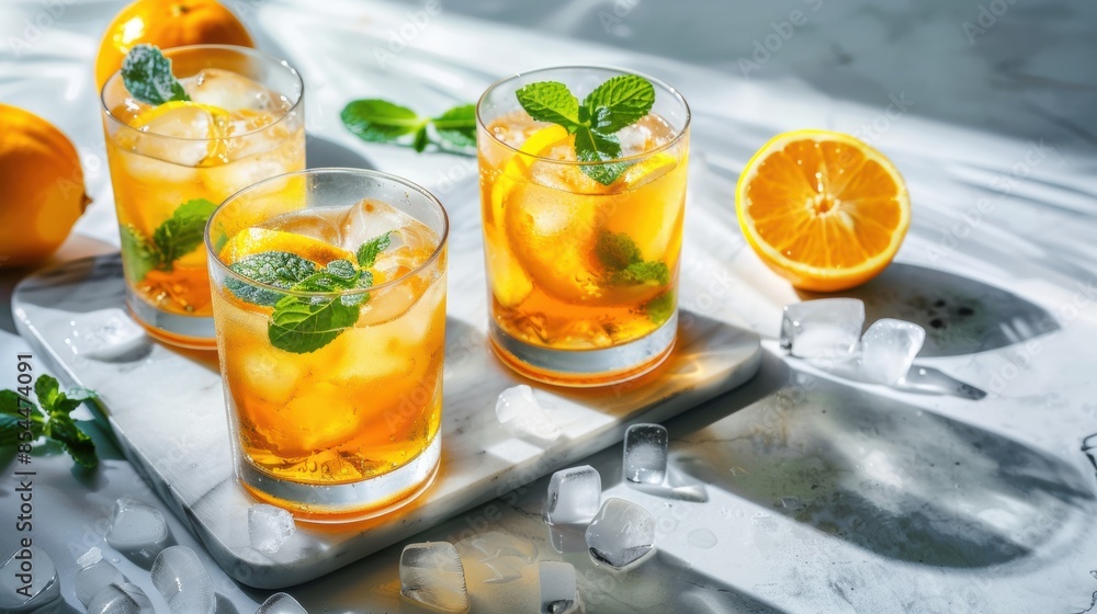 Glasses with iced drink with lemon and mint on a marble board on a light background Glasses with iced drink with lemon and mint on a marble board on a light background